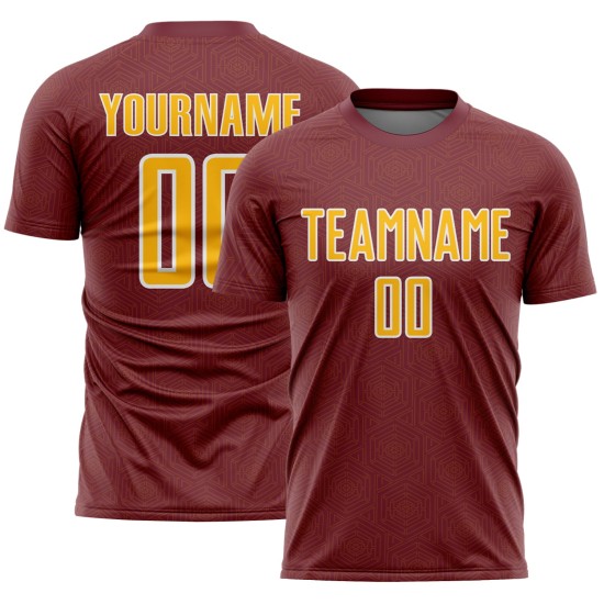 Jersey Custom Burgundy Shape Geometric Uniform Gold-White Sublimation Soccer Sports Jersey Custom Burgundy Shape Geometric Uniform Gold-White Sublimation Soccer Sports